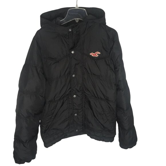 Hollister Jacket Mens Large Black Redondo Hooded Down Feather Puffer Coat Warm - Picture 1 of 14